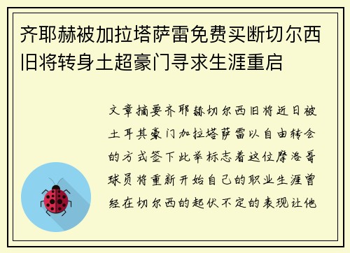 齐耶赫被加拉塔萨雷免费买断切尔西旧将转身土超豪门寻求生涯重启 齐耶赫被加拉塔萨雷免费买断切尔西旧将转身土超豪门寻求生涯重启